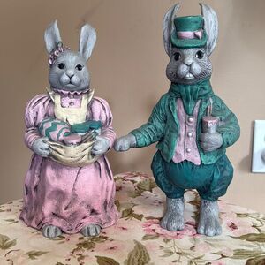 Vintage Pottery hand painted ceramic Easter bunny couple 11” pink green artistic